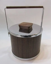 Vintage ATAPCO USA Chrome Metal Ice Bucket Brown Wood Grain w Handle Square Knob