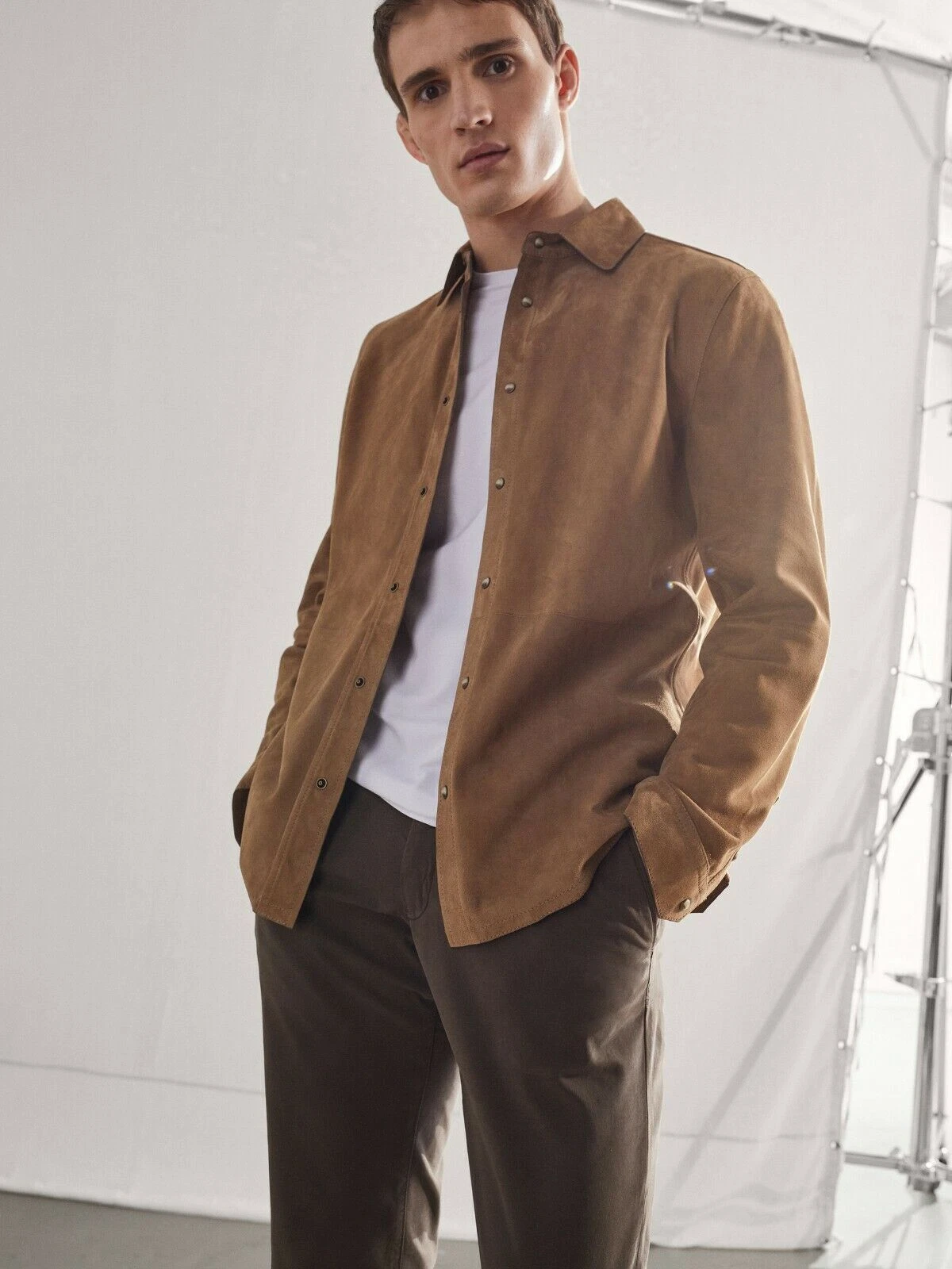 Men's Brown Suede Lambskin Leather Shirt Jacket Front Snap Button Closer Shirt
