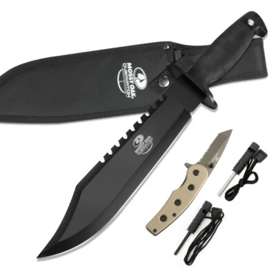 Mossy Oak 15" Survival Bowie Fixed Blade Knife w/Sheath Sharpener & Fire Starter
