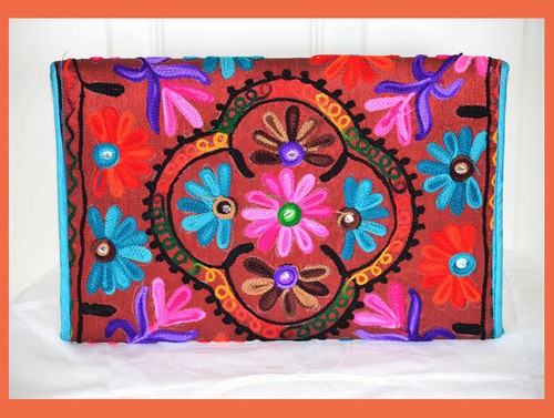 Mirror work Wool Embroidery Cotton Burgundy Purse Clutch Shoulder Bag from India - Picture 3 of 6