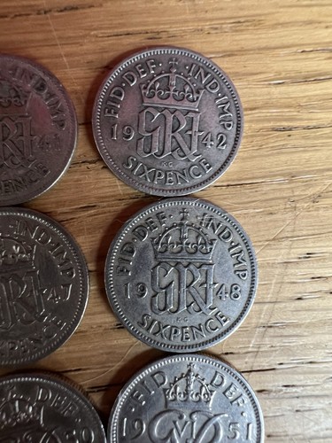 Lotto lavoro monete sei pence Giorgio VI 1939 1941 1942 1946-1951 X 9 monete - Foto 5 di 14