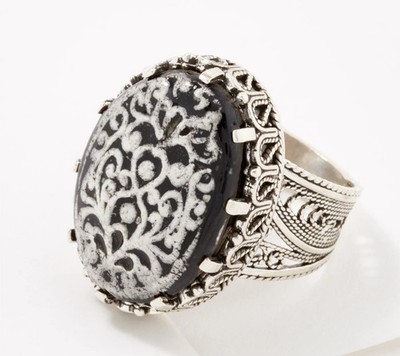 Handwerklich gefertigter bemalter Porzellanring Sterlingsilber, schwarz, Größe 8