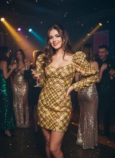 Asos Luxe sequin puff shoulder sleeve dress yellow black gold uk 10-12 party