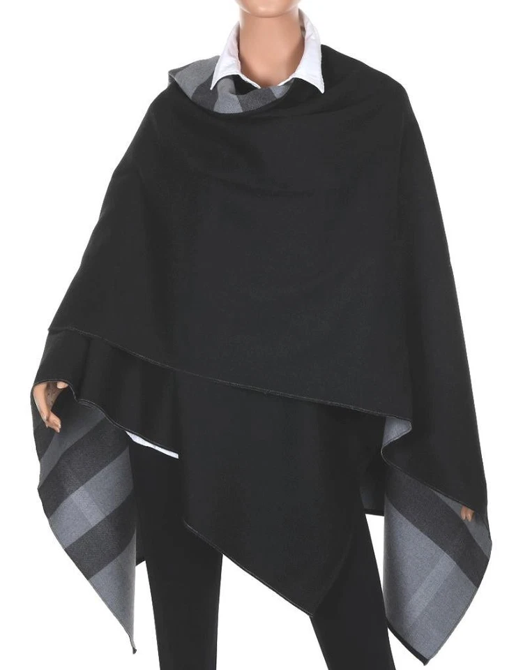 CHAQUETA PONCHO NUEVA BURBERRY NEGRA GRIS A CUADROS REVERSIBLE CAPA SÓLIDA TALLA ÚNICA Foto 4 de 4