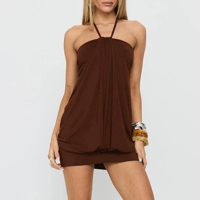 Hanging Neck Pleated Bubble Dress Sleeveless High Waist Solid Red Brown Milk - Image 1 of 4