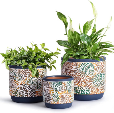 3 Piece Ceramic Plant Pots Indoor Pots Set with Drainage Holes, 5.7/4.7/3.5/Inch