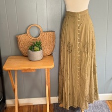 Vtg Women Olive Rayon Maxi Skirt Beaded Embroidered High Waist Boho Prairie M