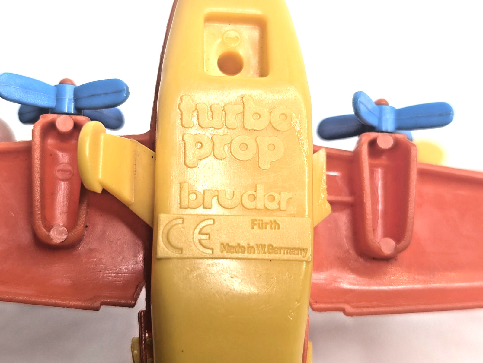 Vintage Turbo Prop Bruder Toy Whistle Plastic Airplane Orange, Yellow & Blue 4x4