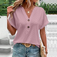 Womens V-Neck Tops Summer Short Sleeve Blouse Holiday Loose Tee Shirts Plus Size