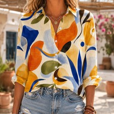 Women s Colorful Abstract Print Blouse Lightweight Button-Up Shirt