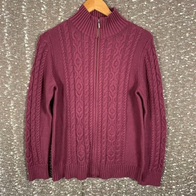 L.L. Bean Full Zip Up Mock Neck Fisherman Cable Knit Sweater Women's Medium