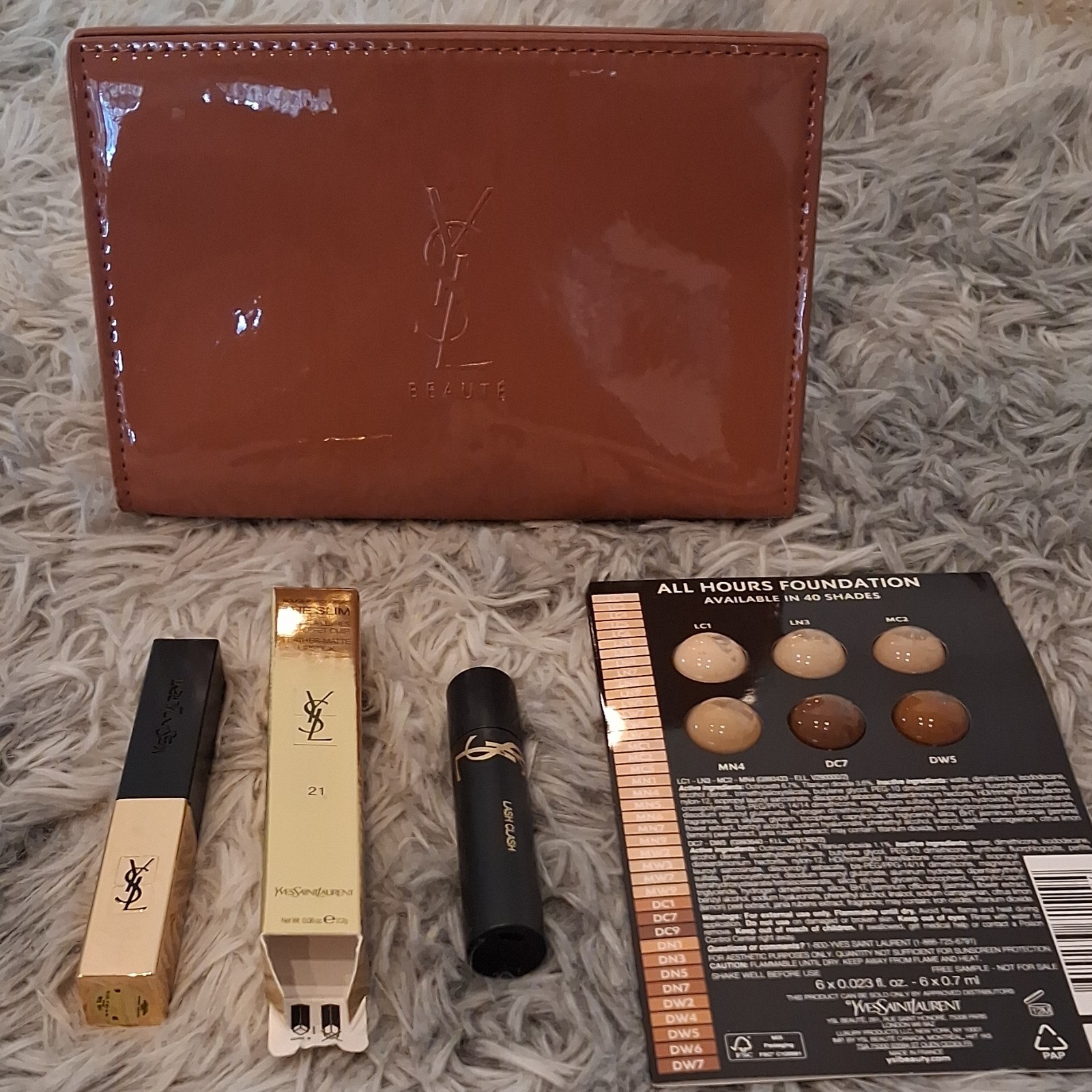 Yves Saint Laurent Lipstick Rouge Paradoxe, Mascara, Foundation Sample, Pouch