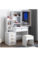 Tavolino da Trucco con Specchio Scorrevole e LED Moderno Vanity Bianco