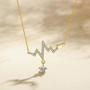 925Silver Heartbeat Ekg Necklace 14K Yellow Gold Plated Dainty Love Pendant