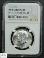 STRUCK ON DEFECTIVE PLANCHET Mint Error 1964 Kennedy Silver Half Dollar NGC MS65