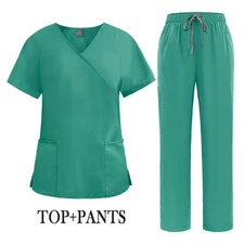 Medical Scrub Set Nursing Uniforms Y-Neck Straight for Women Working Clothes
