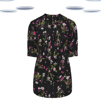 Ex Damen Bluse - Übergröße 3/4 Arm Blumenmuster Biesen schwarz