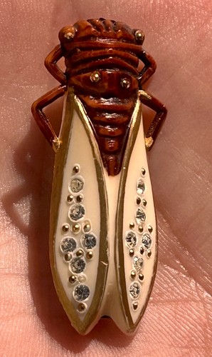 Vintage French Cicada Cigale Bug Celluloid Rhinestone Good Luck Pin Brooch