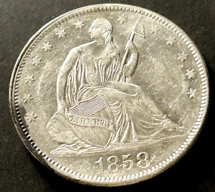 1858 Seated Liberty Silver Half Dollar 50c Rare WB-15 R4 High Grade UNC Original - Image 3 of 4