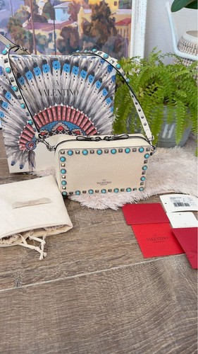 Valentino Beige Leather Shoulder Bag with Turquoise Studs and Stones