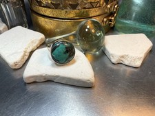 Genuine 925 Sterling Silver Round Turquoise Gemstone Adjustable Ring Size 7.75