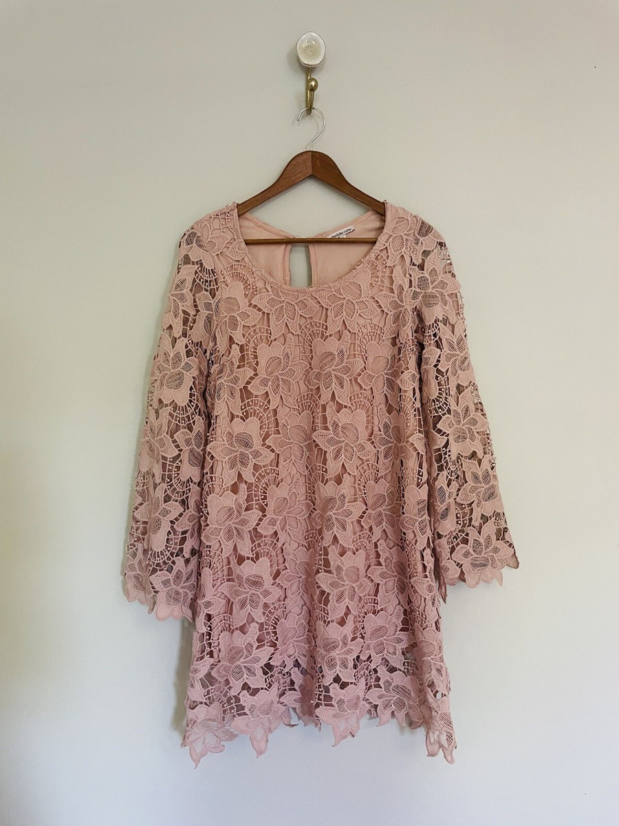 Charlotte Russe Crochet Pastel Pink Shift Dress. Size Small. Bell Sleeve.