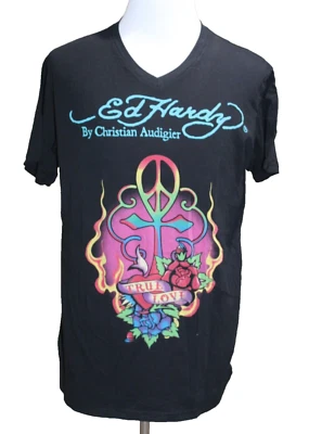 Ed Hardy Peace Love Flames Tattoo T Shirt V-Neck Mens XL VINTAGE USA EUC Y2K 90s - Image 1 of 4
