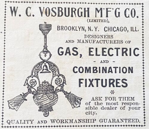 1892 Print Ad~W.C.Vosburgh Gas&Electric Lamp Light Fixtures Victorian Chandelier - Picture 1 of 2