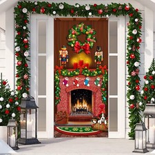Merry Christmas Door Cover Christmas Fireplace Door Cover Backdrops Xmas Tree...