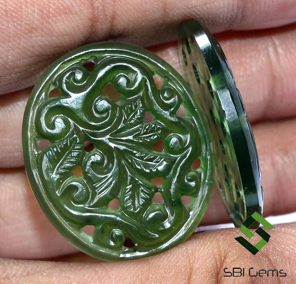 46.12 CTS Natural Serpentine Handmade Carving Pair 30x25 mm Loose Gemstones - Image 3 of 4