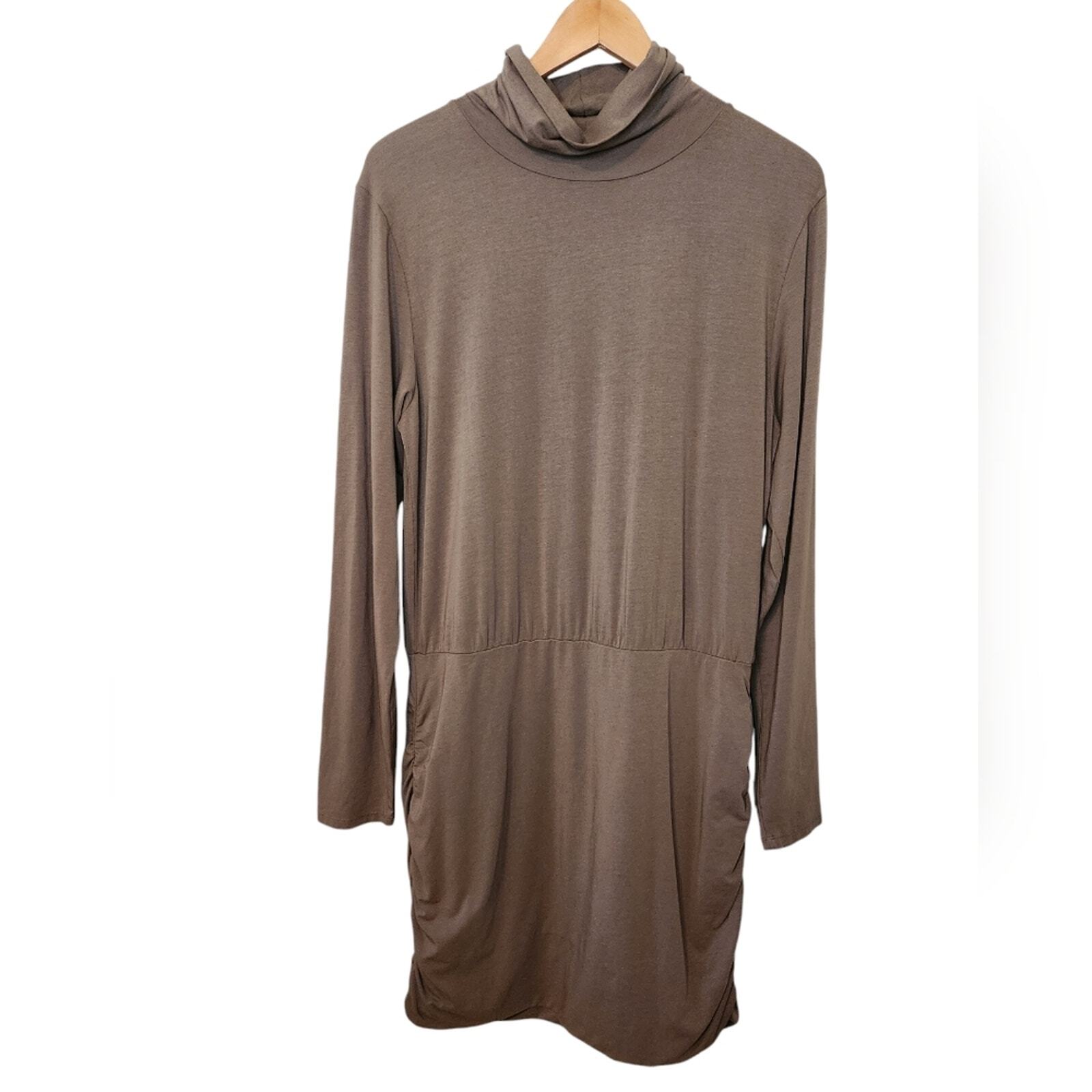 NWT Bobi Long Sleeve Turtleneck Shirred Jersey Dress in Olive tree XL
