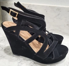 Top Moda Black Faux Suede Strappy Wedge Sandals Size 6.5