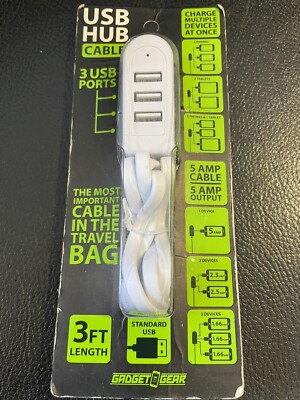 NIB GADGET GEAR 3 FT Standard USB Charger Cable 3 USB Ports 5 AMP Output 