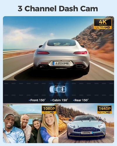 AZDOME 3-CH Dash Cam 4K+1080P+2.5K WiFi GPS Cámara Delantera Cabina Trasera 64GB - Imagen 3 de 14