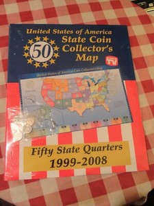 50 US STATE COIN COLLECTOR'S MAP 1999-2008 - INCLUDES 5 UNITED STATES QUARTERS