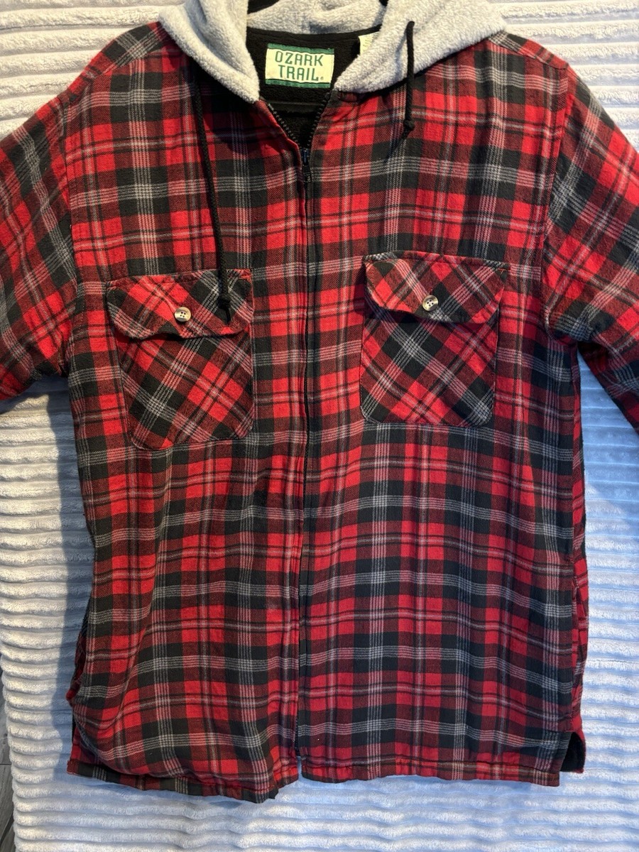 Ozark Trail Hoodie Mens Red Plaid Shacket Sweatshirt Outdoor Quilted Lined  Sz M