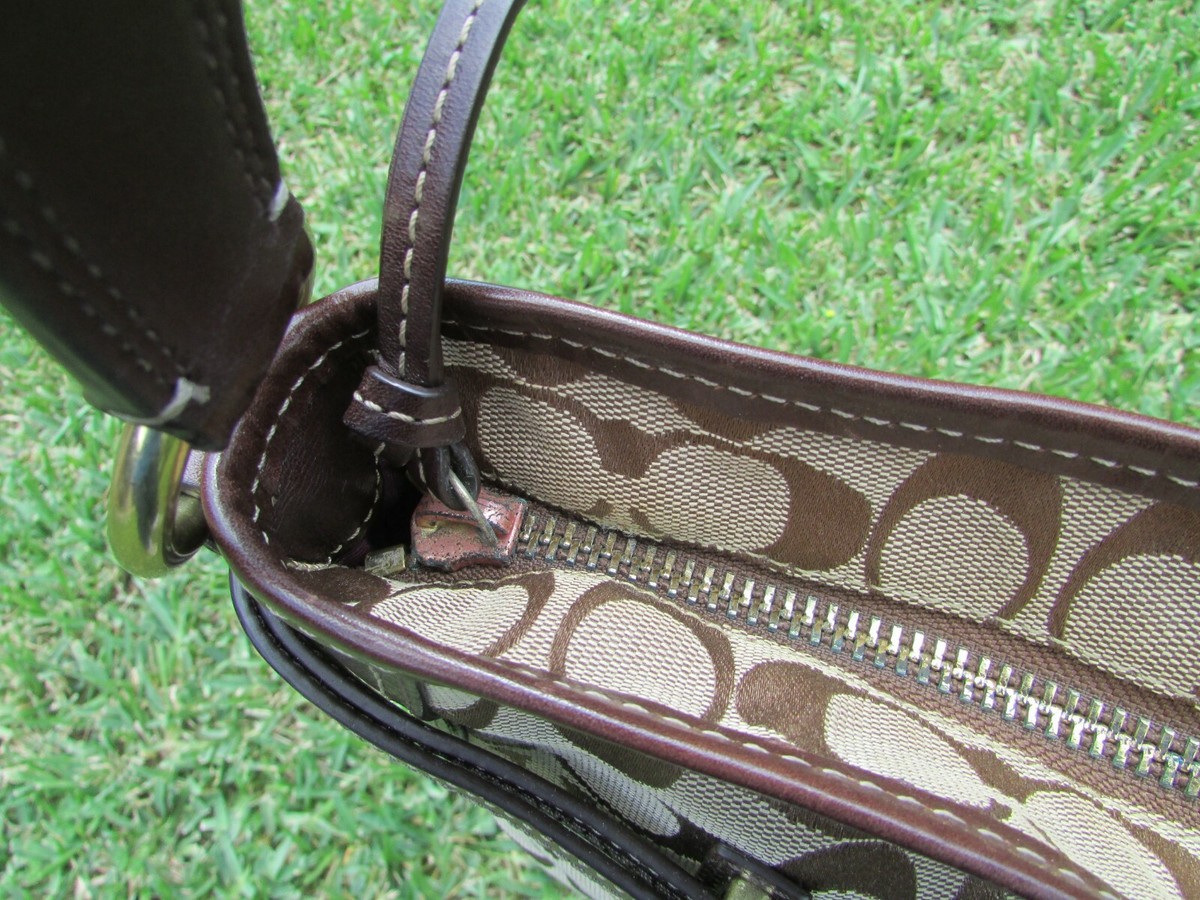 Coach Hamptons 12469 Signature Brown Leather Jacquard Khaki Hobo