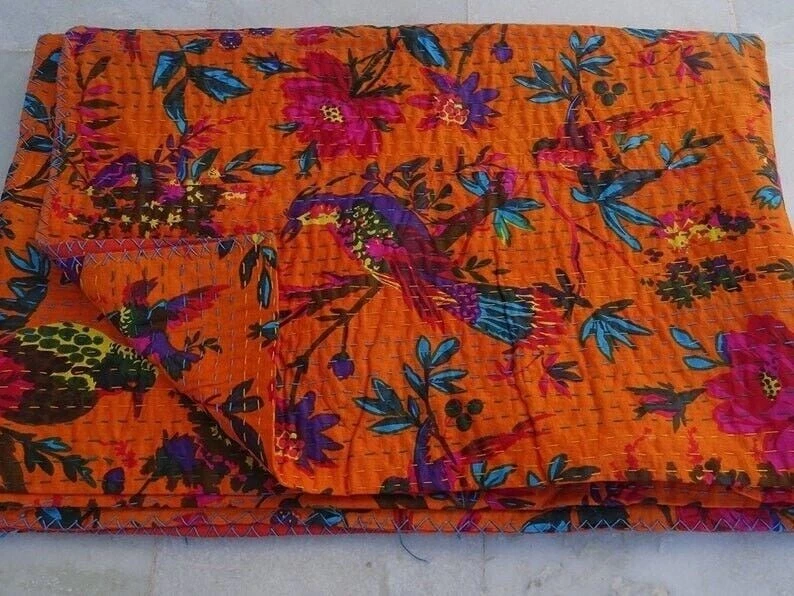 Indian Bird Print Handmade Cotton Kantha Bedspread Quilt Throw Blanket king - Image 2 of 4
