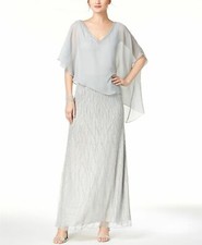 New 489 J Kara Women'S Gray Asymmetrical Beaded Cape A-Line Gown Dress Size 8