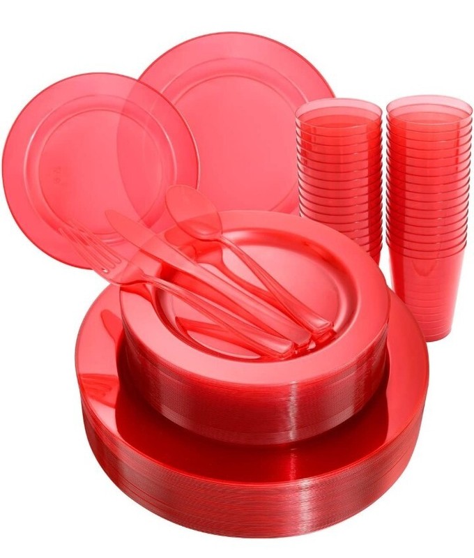 COLOSUS 36guest Red Plastic Party Plates and silverware Disposable Christmas 