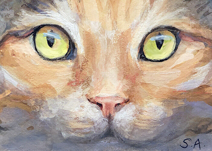 print ACEO Kitty Cat Kitten painting "Green Eyes" Calico Tortie animal ATC pet