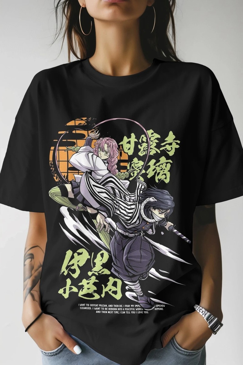Anime Demon Slayer Mitsuri Obanai Tshir Black T Shirt Size S - 5XL