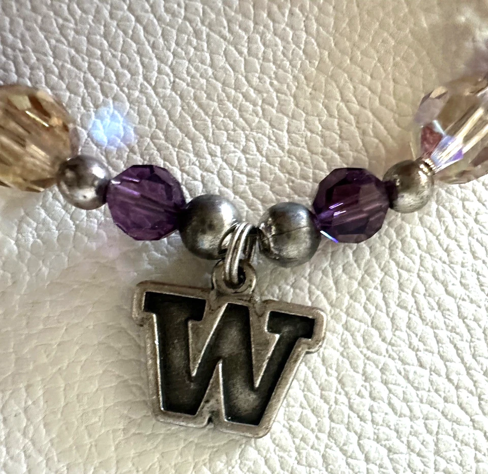 Pulsera Washington Huskies plata de ley 925 con dije cristales morados y dorados Foto 2 de 4