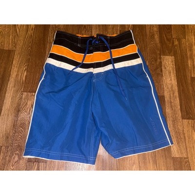 Speedo Mens Board Shorts Blue Orange Striped Swim Trunks Mesh Lined Size Small