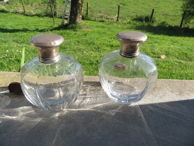 2 Antique Large Crystal Bottles and Silver Caps 800 12.4cm High