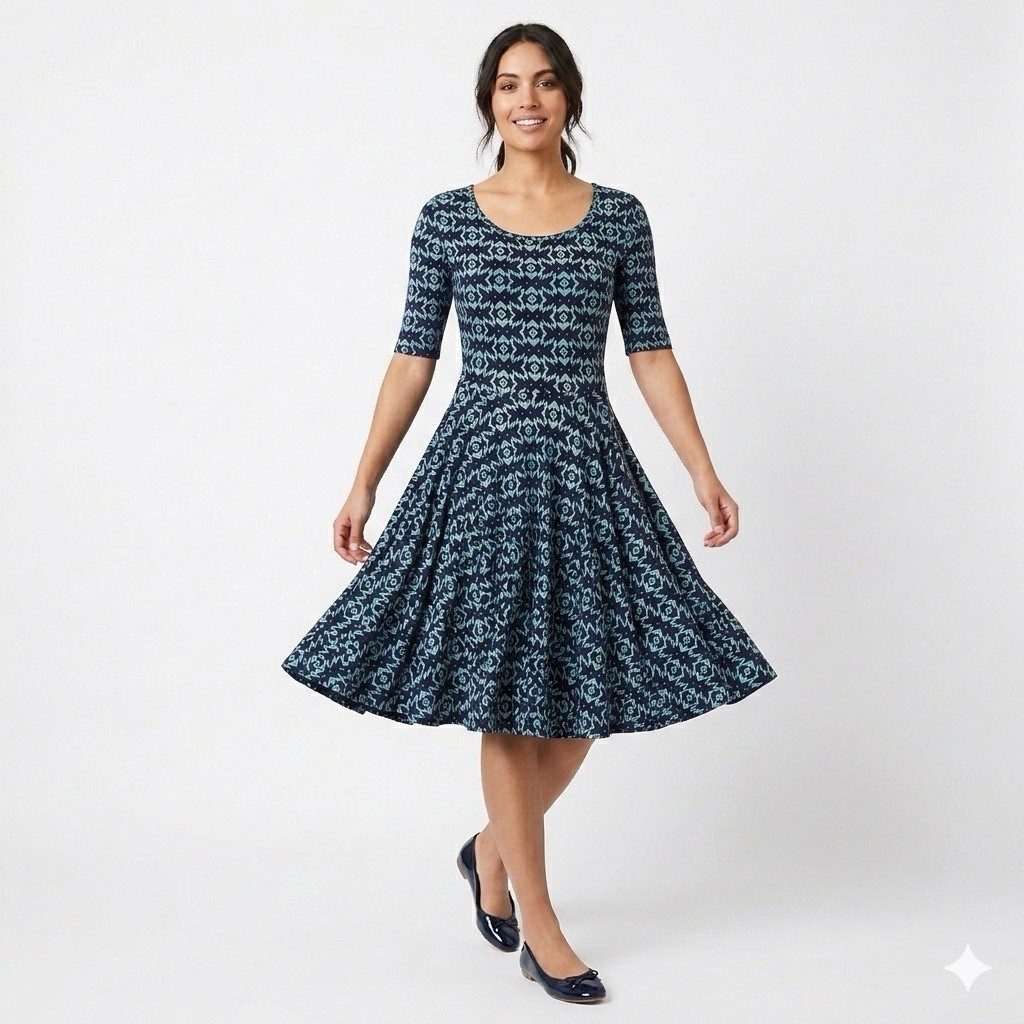 Lularoe Women’s Blue Geometric Print 3/4 Sleeve Fit & Flare Swing Dress Large