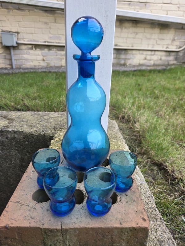  Vtg Stoppered Decanter Bottle from Italy Empoli~Alrosa W Glasses Set NM MCM