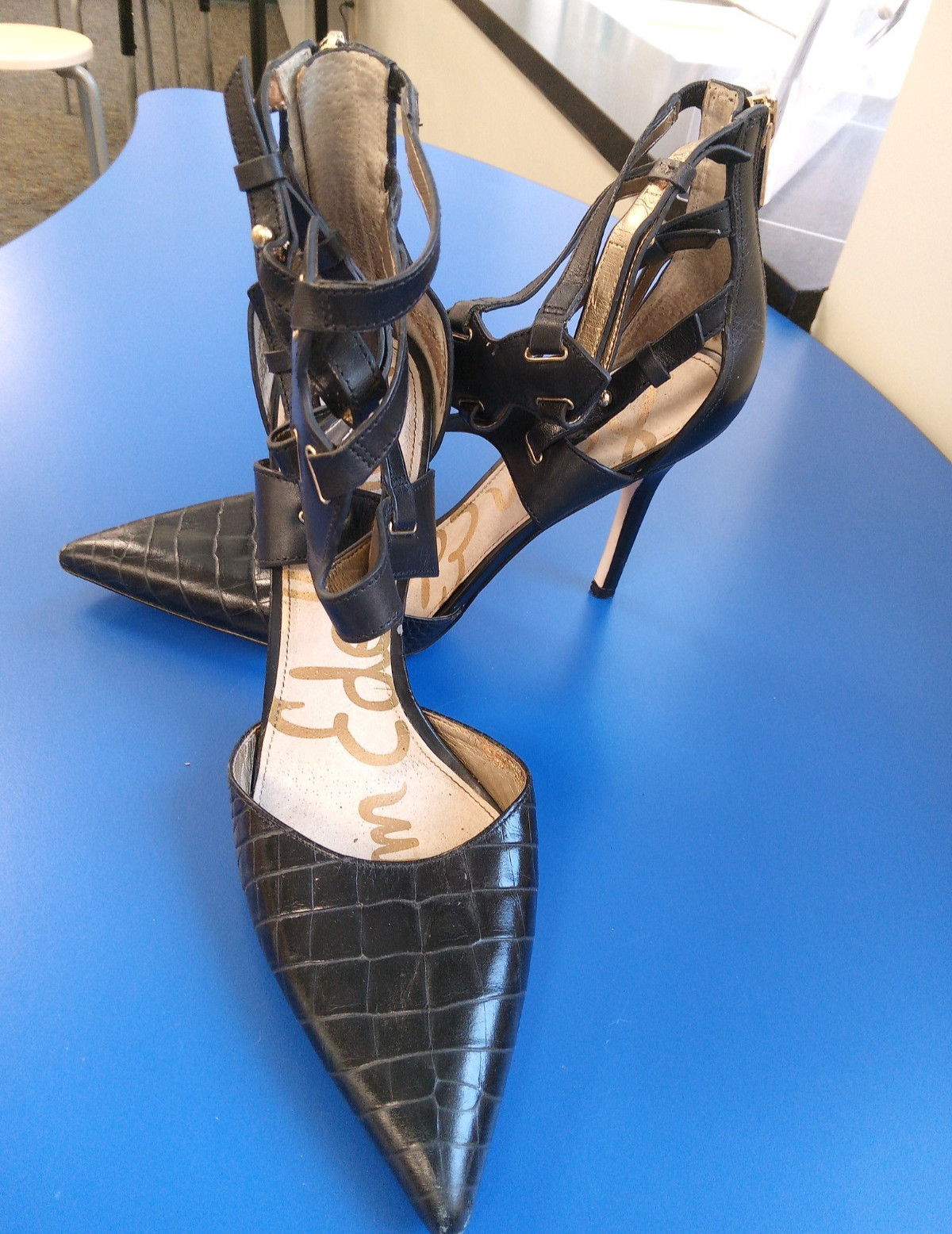 SAM EDELMAN Black LEATHER Women Size 8.5 M Pointed Toe Ultra High Heels Shoes