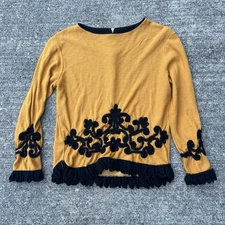 VTG Stylecraft Mustard Black Fringe Embroidered Blouse Sweater 50s Flower Art De