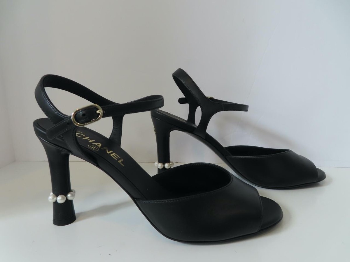 CHANEL Black Leather Sandals w/Pearl/Logo Detail Heels 39/US 9 | eBay